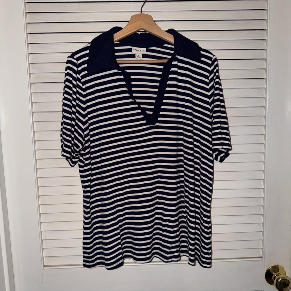 Ava & Viv Navy and White Striped Short Sleeve Top-1x